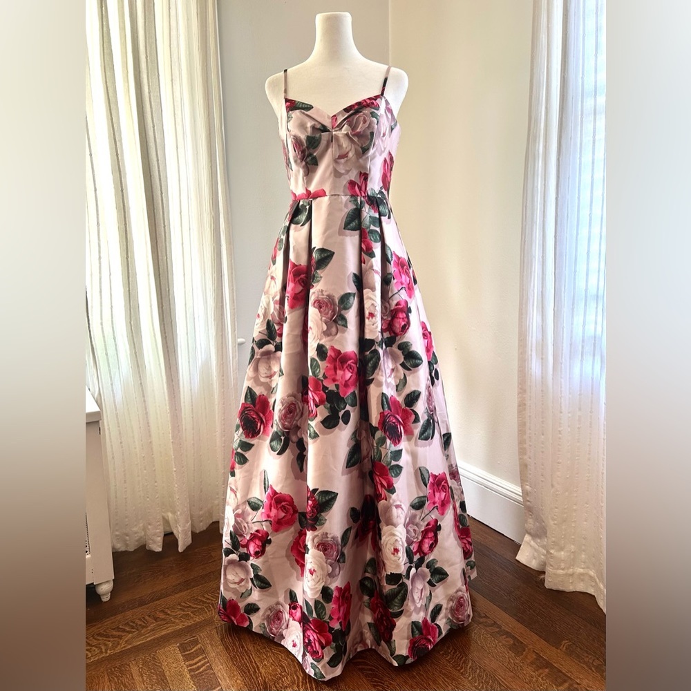 Eliza J Floral Dress with Red and Green Accents